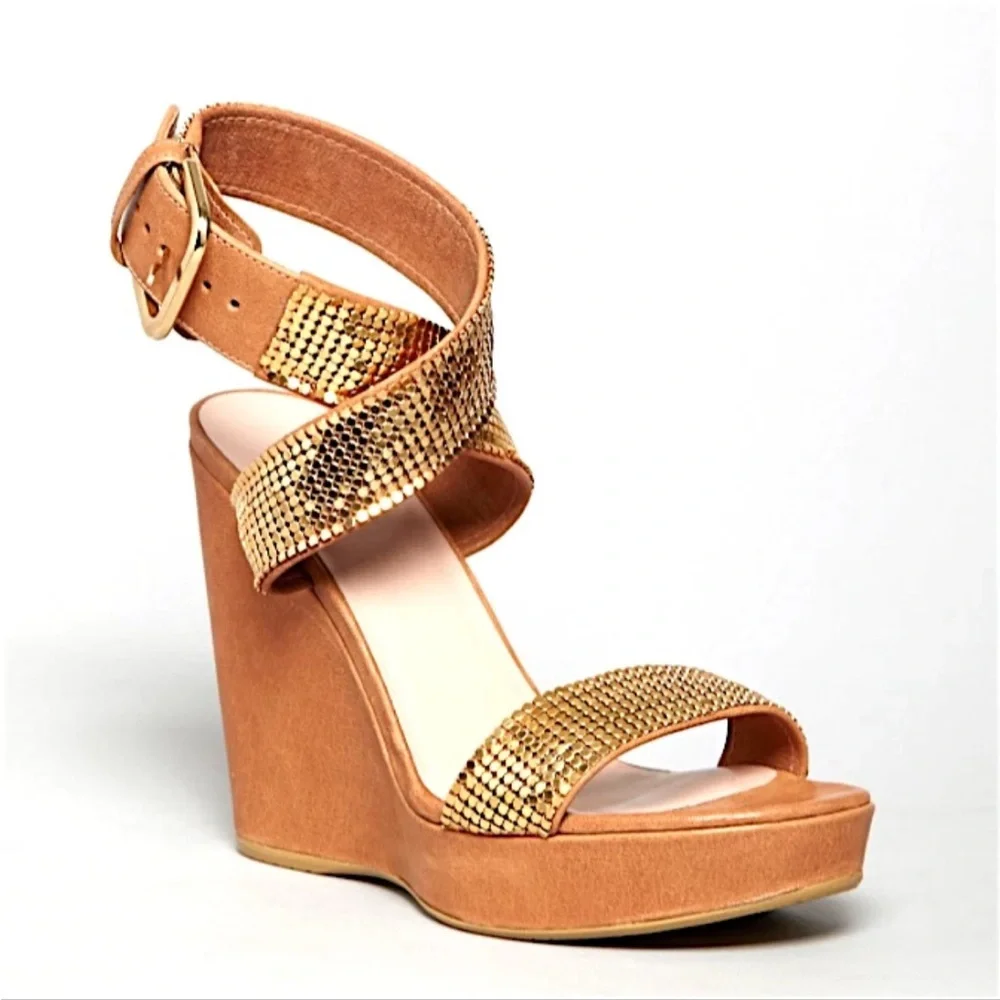 Stuart Weitzman Metallic Gold and Tan Wedges Size 10 - Picture 1 of 13